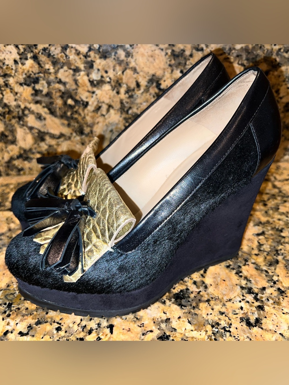 Longchamp Penelope genuine calf hair platform wedges sz. 37